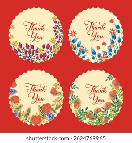 Thank you round stickers with flower, floral frame.
