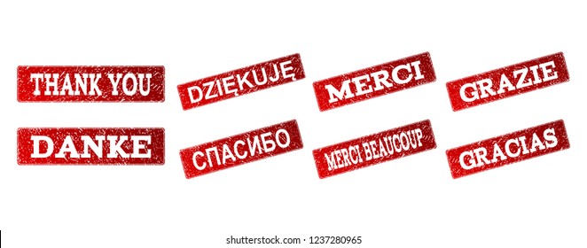 THANK YOU rubber seal stamps in different European languages. Vector red seals with grunge rubber texture has Thank You text in English, German, French, Polish, Russian, Italian, Spanish translations.