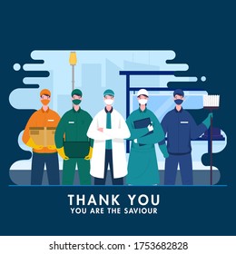 Thank You to saviour workers who work during coronavirus (covid-19) outbreak as doctor, nurse, sweeper, delivery boy on blue abstract cityscape background.