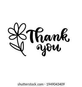 Thank you saying hand letterin quote with meadow flower. Feminine hippie bohemian wild flowers woman t shirt design. Brush calligraphy vector illustration. Text overlay saying print