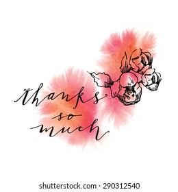 Thank You Script. Floral decorative element. Vector floral background. Thank You Calligraphy. Hand Painted Thank You Script on Decorative Background.