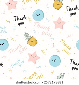 Thank you seamless pattern for printing on gift wrapping. cute smiley good mood and emotions, colorful stickers for social networks. Cartoon flat vector illustration
