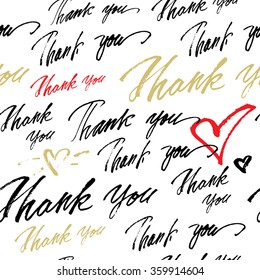 Thank you seamless white red gold pattern with calligraphy. Handwritten modern brush lettering. Hand drawn design hearts elements.