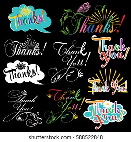 Thank you. Set of calligraphic lettering. Vintage vector calligraphy decorative text for cards, posters,banners,  postcards and typography.Thanks, thank you vector text.