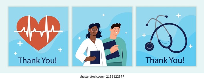 Gracias. Colección de afiches y carteles para el médico, cubiertas médicas. Elementos gráficos para el sitio web. Hombre y mujer, estetoscopio. Ilustraciones de caricaturas de vectores planos aisladas en fondo blanco