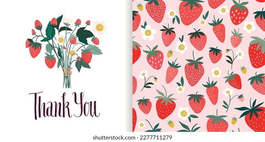 Thank You set with strawberry seamless pattern, background and wild berries bouquet, decorative greeting card, seasonal wallpaper with fruits