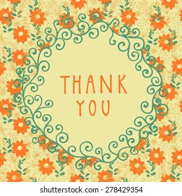 Thank you shabby chic hand-drawn floral greeting card illustration on seamless background in vector. Vintage design ornate frame with swirls