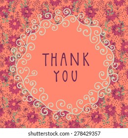 Thank you shabby chic hand-drawn floral greeting card illustration on seamless background in vector. Vintage design ornate frame with swirls