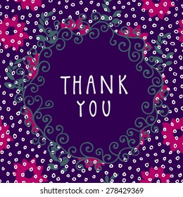 Thank you shabby chic hand-drawn floral greeting card illustration on seamless floral polka dot background in vector. Vintage design ornate frame with swirls