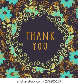 Thank you shabby chic hand-drawn greeting card illustration on seamless floral background in vector. Vintage design ornate frame with swirls