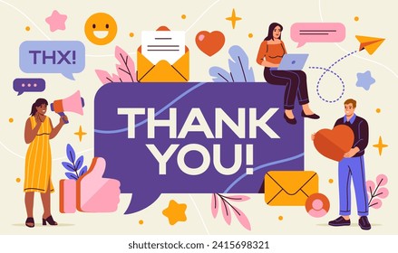 Thank you sign. Colorful banner or poster with grateful happy characters, hearts, smiling emoji and speech bubble with quote. Design element for greeting card. Cartoon flat vector illustration