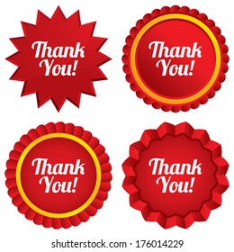 Thank you sign icon. Customer service symbol. Red stars stickers. Certificate emblem labels. Vector