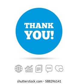 Thank you sign icon. Gratitude symbol. Copy files, chat speech bubble and chart web icons. Vector