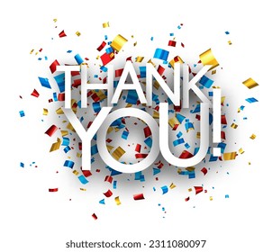 Thank you sign on colorful cut ribbon confetti background. Vector illustration.