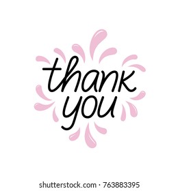 Thank you sign. Ornate calligraphic hand drawn image. Decorative thin line lettering for postcard, poster, print. Thank you illustration vintage style pink decor. Vector black text for grateful card