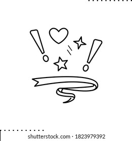 Thank you sign with ribbon, heart, stars and exclamation marks, thanks  vector icon in outline