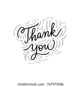Thank you sign. Simple decorative ornaments + modern calligraphic lettering. Hand drawn thank you note / gift. Cute poster / print for gratitude. Black and white vector illustration. Thin line text