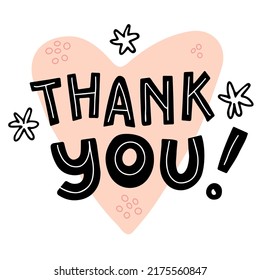 Thank You sign. Thankfulness phrase. Hand drawn lettering in heart shaped. Vector