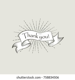 Thank you sign. Vintage doodle lettering. Flag banner over retro background
