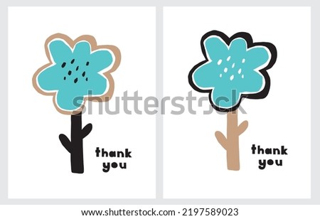 Thank you. Simple Vector Card with Childish Style Hand Drawn Blue Flower isolated on a White Background. Cool Infantile Style Freehand Drawing with Big Flower.