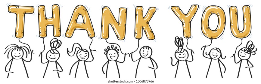 THANK YOU Smiling group of stick figures holding golden letters