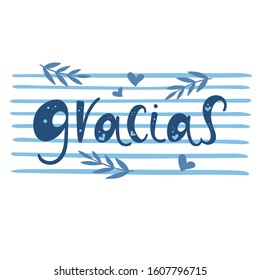 THANK YOU in spanish. GRACIAS hand drawn vector lettering isolated on white background. Modern flat blue color illustration. Insciption with oliva. Perfect for card, icon, logo, t-shirt, banner
