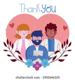 thank you, staff medical professional characters in heart vector illustration