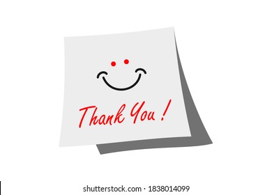 Thank You Sticker. Red Text Lettering Handwritten with Hand Drawn Cartoon Smile Icon on Flipped Paper Isolated On White Background. Flat Vector Illustration Design Element Template for Greeting Cards.