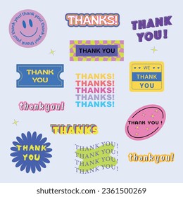 "Thank you" sticker set, abstract patch collection. Cool trendy hipster Happy Smile Happy sticker vector design.