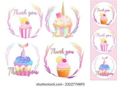 Thank you sticker set for business, round design for online shop, bakery dessert, cupcakes 