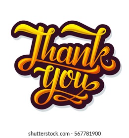 Thank you sticker. Vector cartoon color text on white background. Hand lettering for greeting card, print and poster. Motivation inspiration typographic inscription, modern calligraphic design