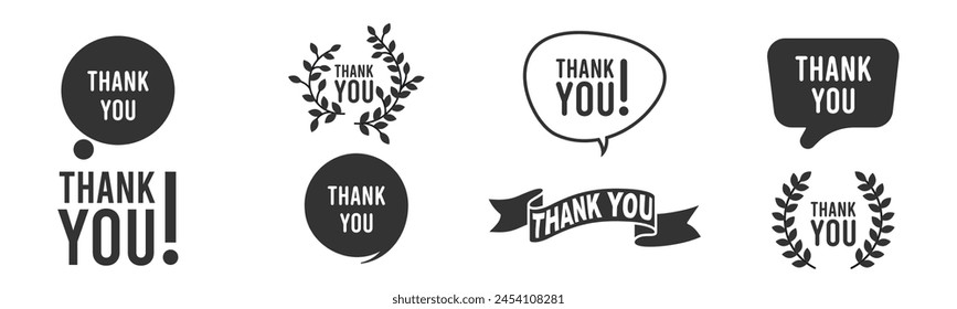 Thank You stickers graphic set. Trendy banner, poster, greeting card and postcard. Vector Illustration