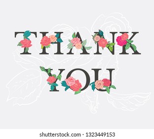 Thank You - Stylish inscription with flowers. Decorative banner in retro style on a uniform background. The composition of flowers and letters and pastel colors. Greeting card with floral ornament