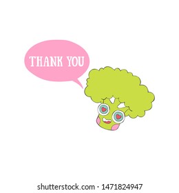 Thank you. Sweet broccoli. Vegetable cartoon. Dialog cloud. Lettering. Isolated vector object on a white background.