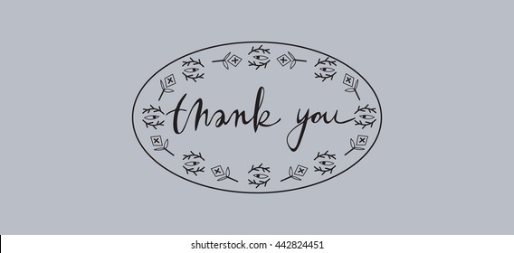 Thank you tag with graphic elements black. Hand lettering. Can be used as a tag for purchases, greeting card, or decorative element for your creative designs