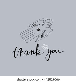 Thank you tag with stylized pigeon black on blue