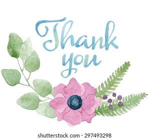 Thank you tag in watercolor floral wreath, pale pink anemone flower, eucalyptus, leaves, branches, berries and fern. Lovely invitation, greeting card, or wedding design. Vector watercolor painting.
