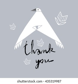 Thank you tag with white bird. Vector illustration. Hand lettering. Can be used as a tag for purchases, greeting card, or decorative element for your creative designs.