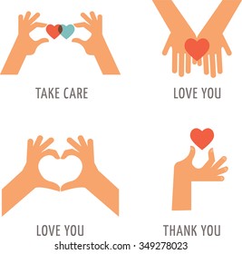 Thank you, take care and i love you concept. Set of hands with red hearts