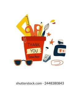 Thank you teacher greeting card with stationery supplies. Cute vector kids school elements - ruler, ink, sharpener, scissors, pencil, paper clip hand drawn in cute childish style. Funny illustration.