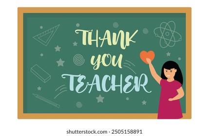 Thank You Teacher greeting card world teachers day concept with view of learning students on green chalkboard. flat vector modern illustration 