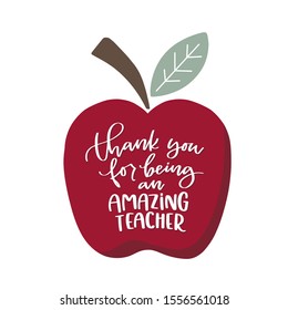 Thank you teacher iron on, card, gift decoration clipart with apple and calligraphy.  Red fruit knowledge symbol and gratitude text for the last day of pre school, kindergarten, college.