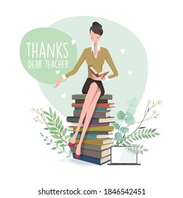 Thank You Teacher.  November 24, Teacher's Day. Cartoon, vector, books, study, flower.