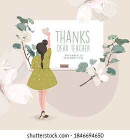 Thank You Teacher.  November 24, Teacher's Day. Cartoon, vector, study, flower, little girl, board.