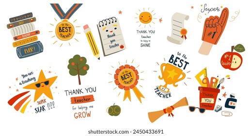 Thank you teacher set of cute greeting cards with apple, books, star, medal, champion cup, stationery supplies, notes. Vector cartoon teachers day awards collection isolated on white background.