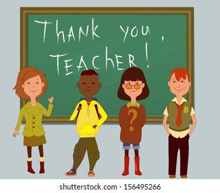 Thank you, teacher. Teacher's day card with schoolchildren and a greeting on a blackboard, vector cartoon, no transparencies 