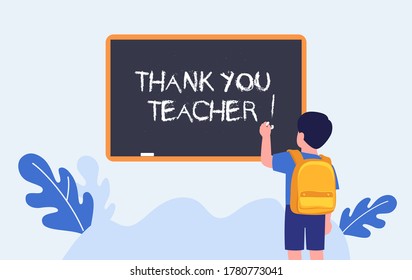 Thank You Teacher. Teachers Day. Elementary Student Writing On Chalkboard. Schoolboy. Vector