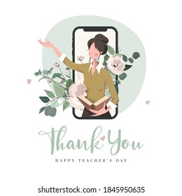 Thank You Teacher.  Teacher's Day vector illustration. Stay at Home, Social Distancing, E-Learning.  November 24.