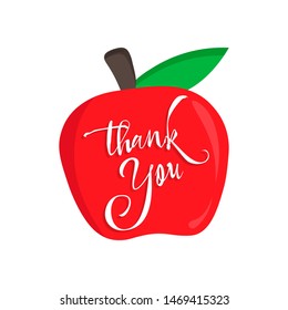 thank you teacher vector card with an red apple. Happy Teacher's Day calligraphy.