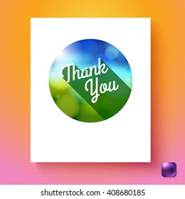 Thank you text in circular badge for card template in white rectangle over orange and pink gradient with purple square button in corner